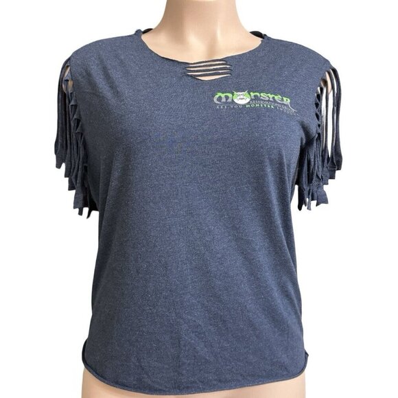 MONSTER RESERVATIONS Fabric Fringe-Cut Top Tee Large Blue/Gray Shredded Back - Picture 9 of 15